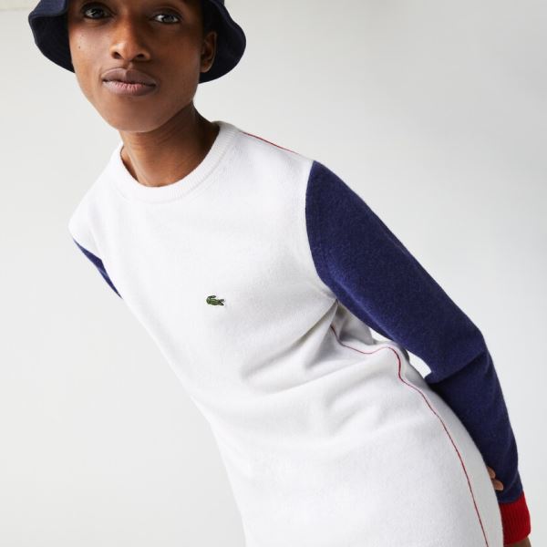 Lacoste Made In France Tricolour Wool Sweater Dress - Šaty Dámské Bílé / Blankyt / Červené | CZ-68qQ